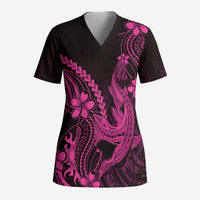 Pink Black Aloha Hawaii Scrub Top Polynesian Shark Tattoo With Plumeria LT14 Adult Pink - Polynesian Pride