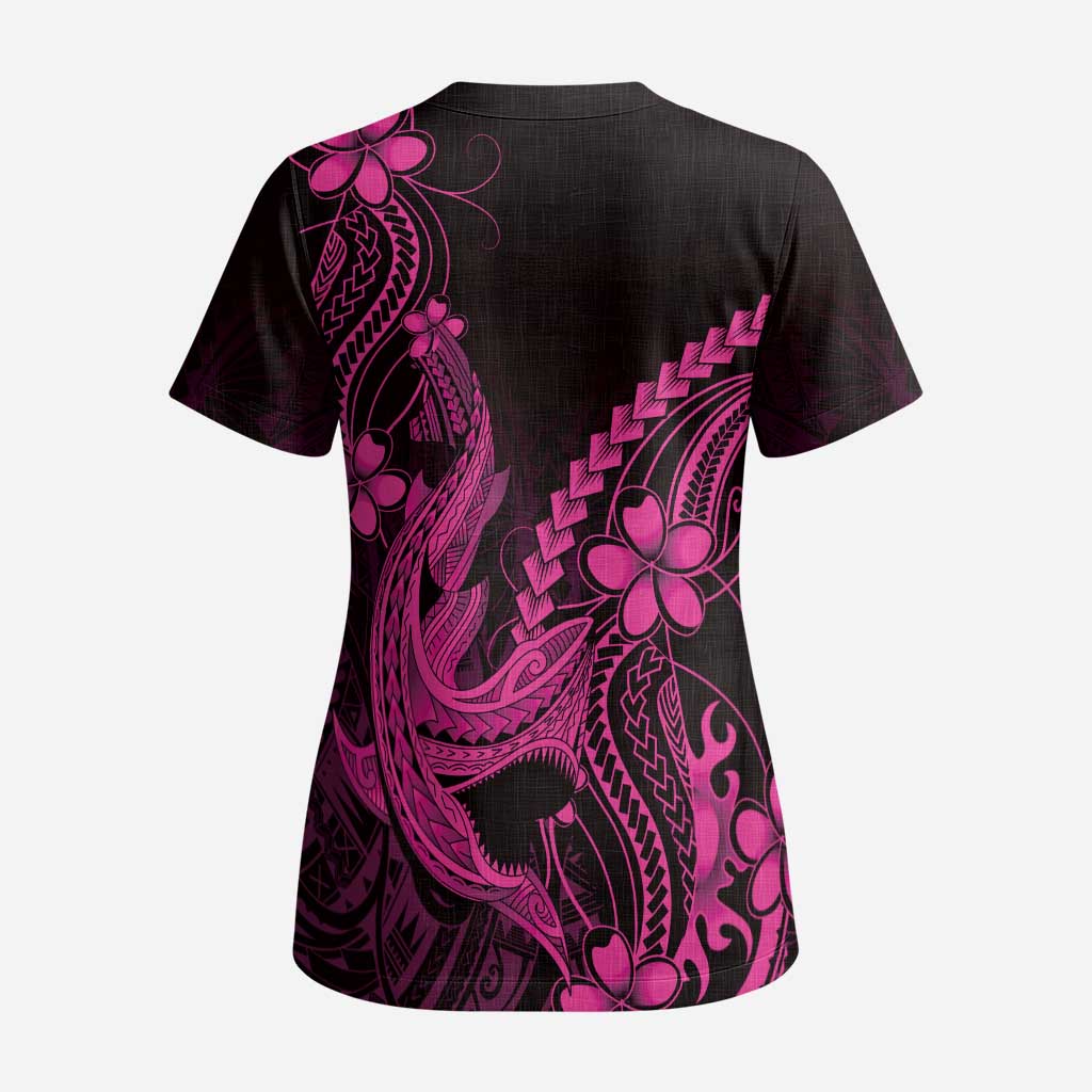 Pink Black Aloha Hawaii Scrub Top Polynesian Shark Tattoo With Plumeria LT14 - Polynesian Pride
