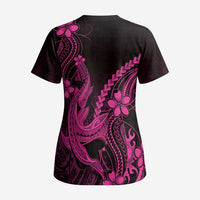 Pink Black Aloha Hawaii Scrub Top Polynesian Shark Tattoo With Plumeria LT14 - Polynesian Pride