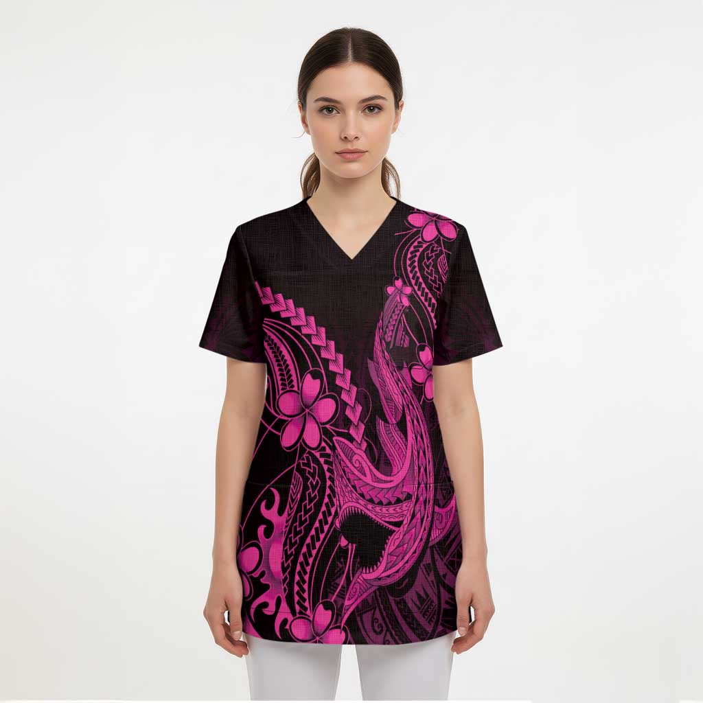 Pink Black Aloha Hawaii Scrub Top Polynesian Shark Tattoo With Plumeria LT14 - Polynesian Pride