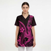 Pink Black Aloha Hawaii Scrub Top Polynesian Shark Tattoo With Plumeria LT14 - Polynesian Pride