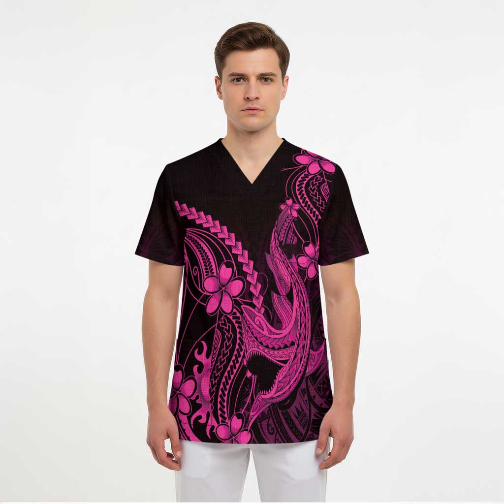 Pink Black Aloha Hawaii Scrub Top Polynesian Shark Tattoo With Plumeria LT14 - Polynesian Pride