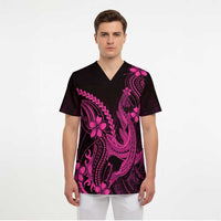 Pink Black Aloha Hawaii Scrub Top Polynesian Shark Tattoo With Plumeria LT14 - Polynesian Pride