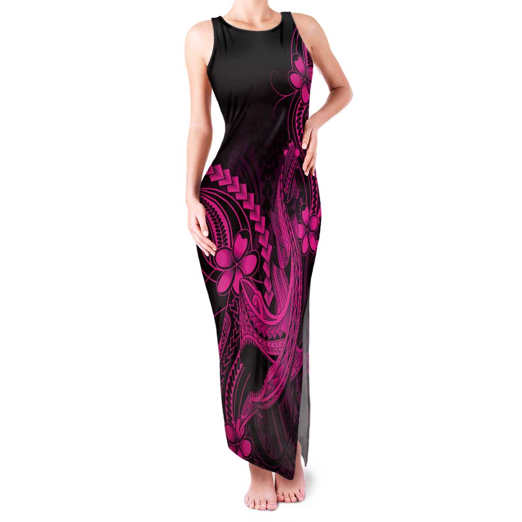 Pink Black Aloha Hawaii Tank Maxi Dress Polynesian Shark Tattoo With Plumeria LT14 Women Pink - Polynesian Pride