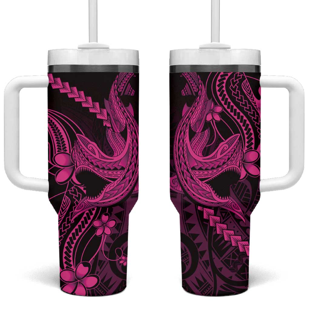 Pink Black Aloha Hawaii Tumbler With Handle Polynesian Shark Tattoo With Plumeria LT14 One Size: 40 oz Pink - Polynesian Pride