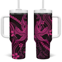 Pink Black Aloha Hawaii Tumbler With Handle Polynesian Shark Tattoo With Plumeria LT14 One Size: 40 oz Pink - Polynesian Pride
