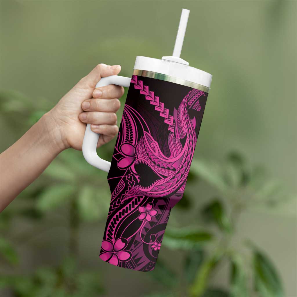 Pink Black Aloha Hawaii Tumbler With Handle Polynesian Shark Tattoo With Plumeria LT14 - Polynesian Pride