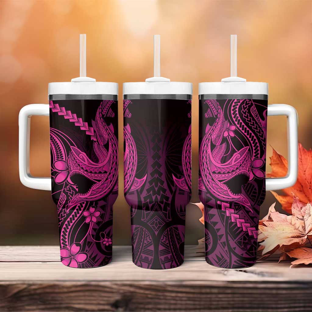 Pink Black Aloha Hawaii Tumbler With Handle Polynesian Shark Tattoo With Plumeria LT14 - Polynesian Pride