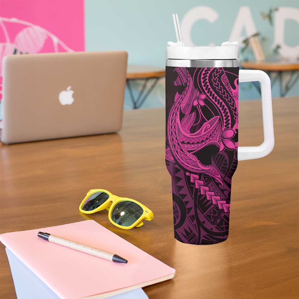 Pink Black Aloha Hawaii Tumbler With Handle Polynesian Shark Tattoo With Plumeria LT14 - Polynesian Pride