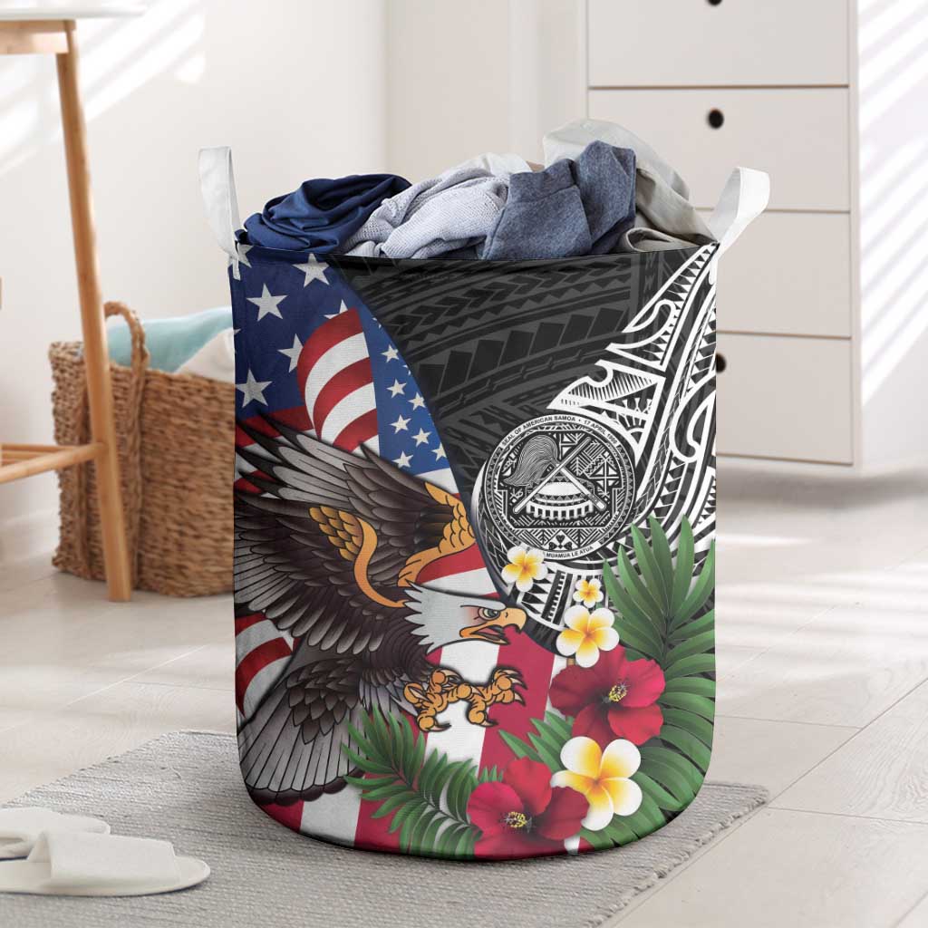 United States and American Samoa Laundry Basket USA Flag Eagle With Seal Tropical Flowers LT14 Black - Polynesian Pride