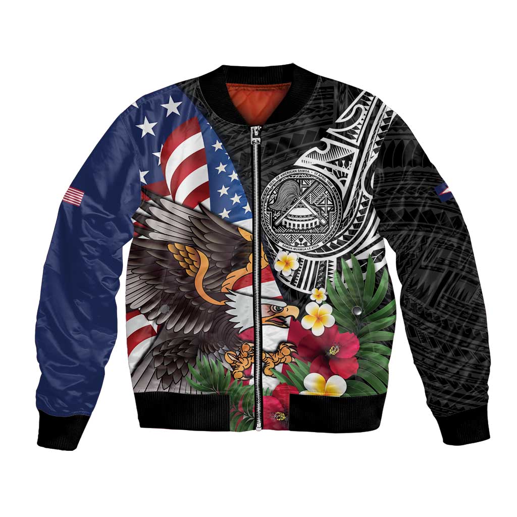 United States and American Samoa Bomber Jacket USA Flag Eagle With Seal Tropical Flowers LT14 Unisex Black - Polynesian Pride