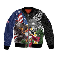 United States and American Samoa Bomber Jacket USA Flag Eagle With Seal Tropical Flowers LT14 Unisex Black - Polynesian Pride
