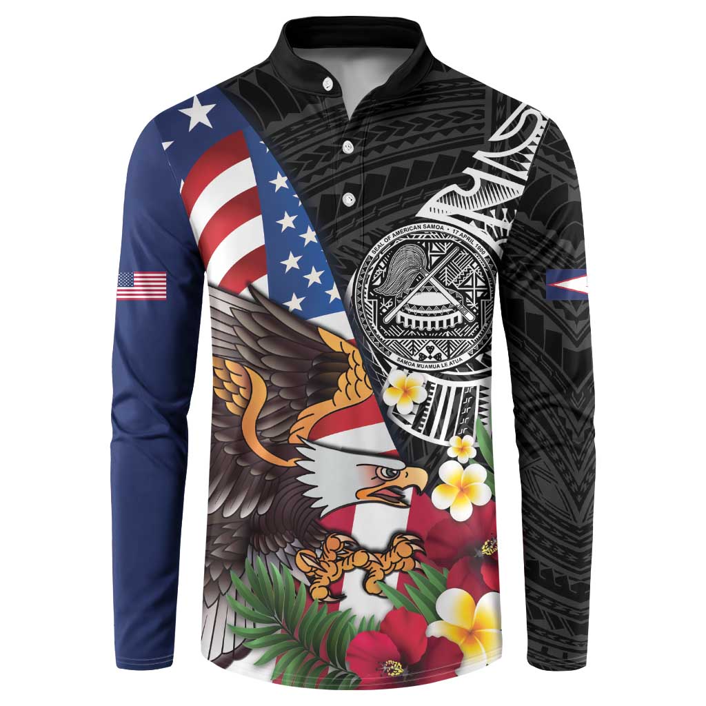 United States and American Samoa Button Sweatshirt USA Flag Eagle With Seal Tropical Flowers LT14 Black - Polynesian Pride