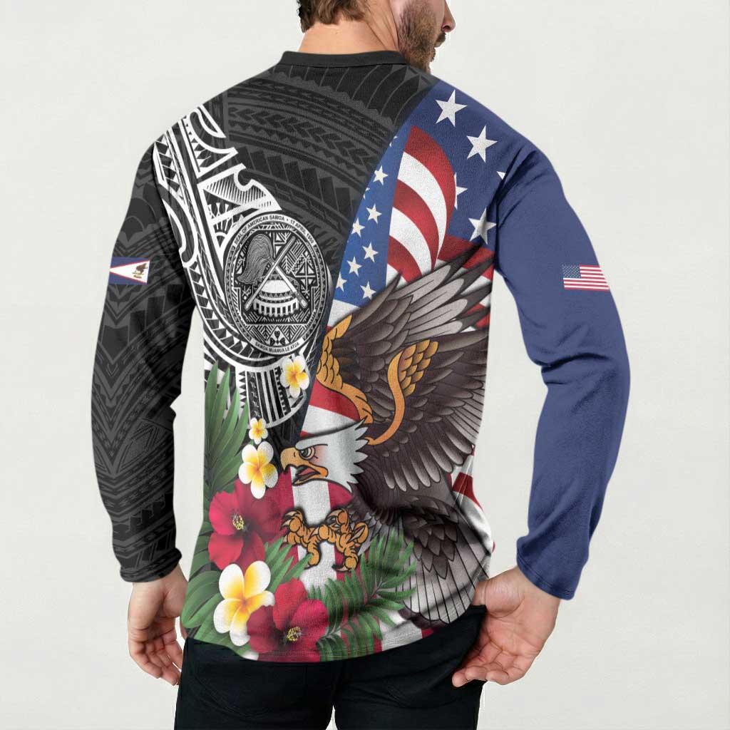 United States and American Samoa Button Sweatshirt USA Flag Eagle With Seal Tropical Flowers LT14 - Polynesian Pride