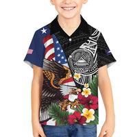 United States and American Samoa Kid Hawaiian Shirt USA Flag Eagle With Seal Tropical Flowers LT14 Kid Black - Polynesian Pride