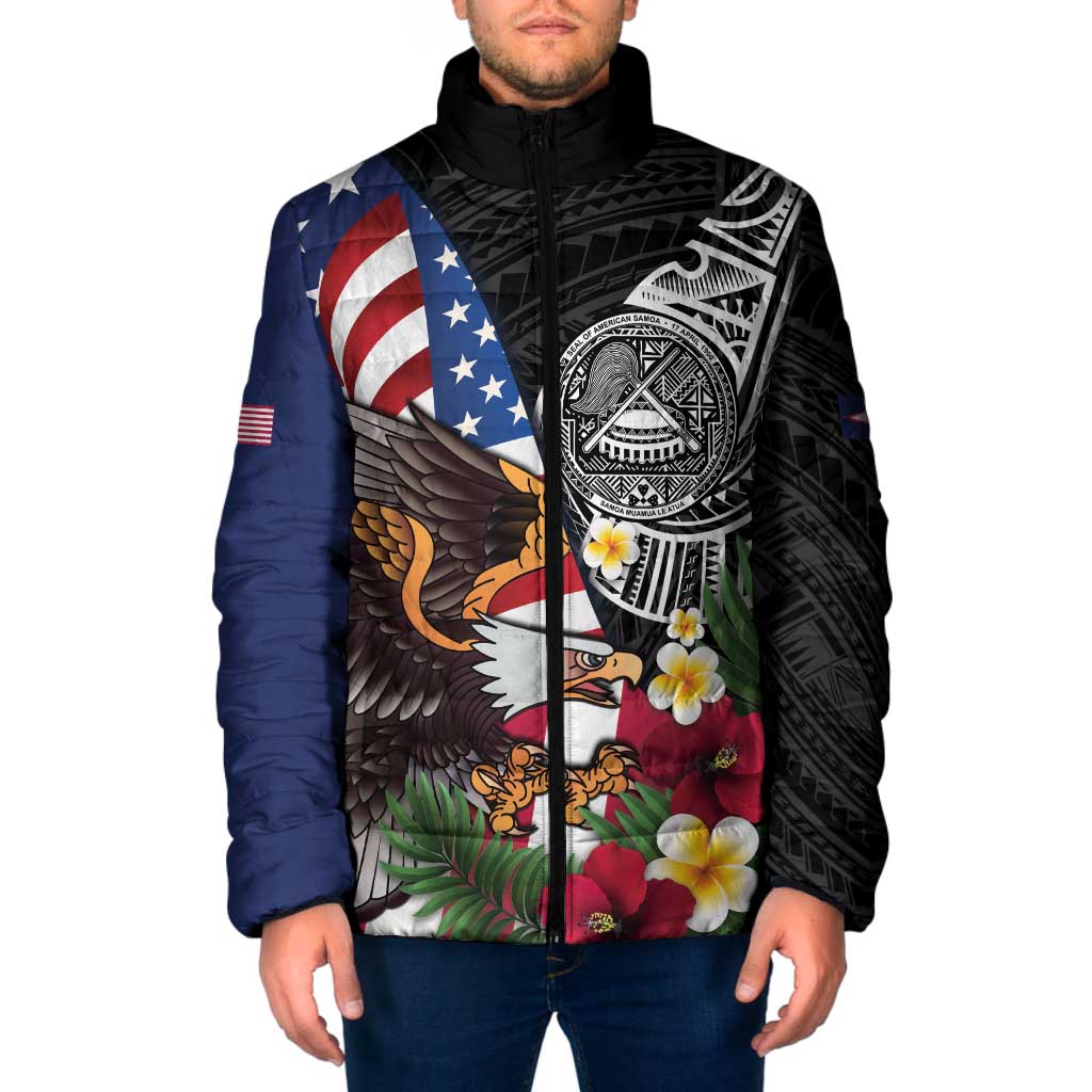 United States and American Samoa Padded Jacket USA Flag Eagle With Seal Tropical Flowers LT14 Men Black - Polynesian Pride