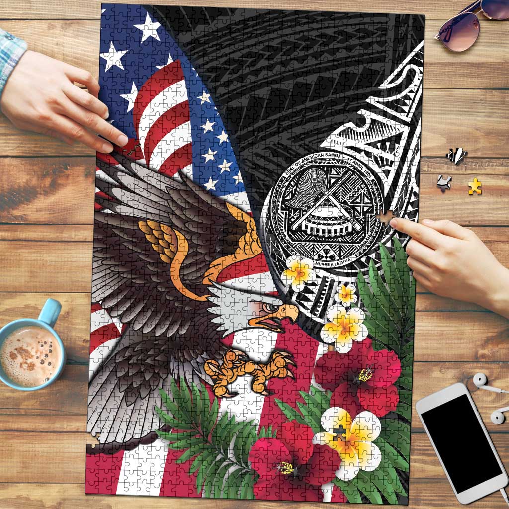 United States and American Samoa Puzzle USA Flag Eagle With Seal Tropical Flowers LT14 Black - Polynesian Pride
