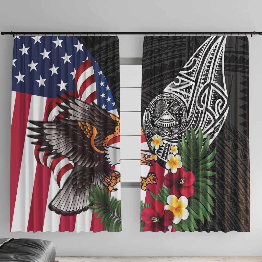 United States and American Samoa Window Curtain USA Flag Eagle With Seal Tropical Flowers LT14 With Hooks Black - Polynesian Pride