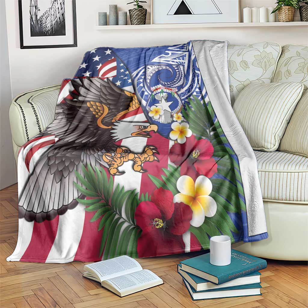 United States and Northern Mariana Islands Blanket USA Flag Eagle CNMI Latte Stone Tropical Flowers LT14 Blue - Polynesian Pride