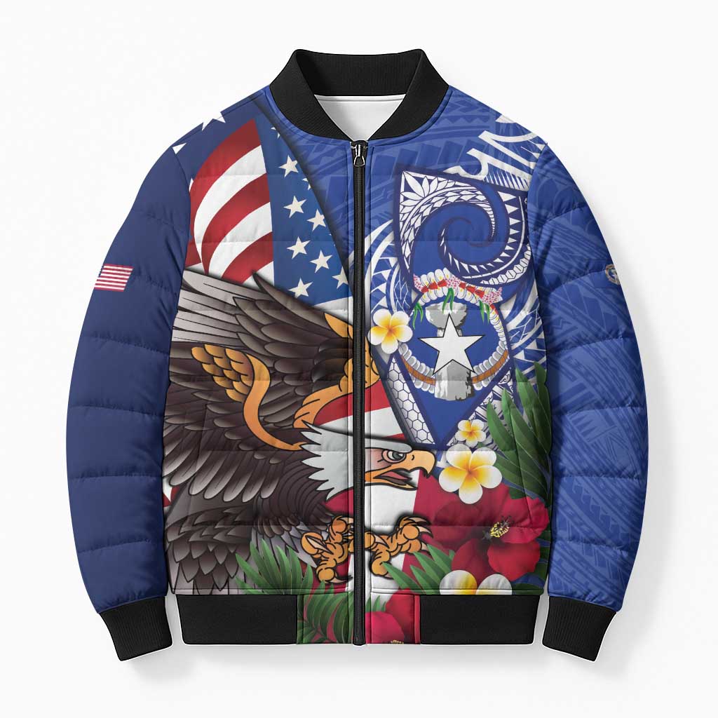 United States and Northern Mariana Islands Bomber Puffer Jacket USA Flag Eagle CNMI Latte Stone Tropical Flowers LT14 Unisex Blue - Polynesian Pride
