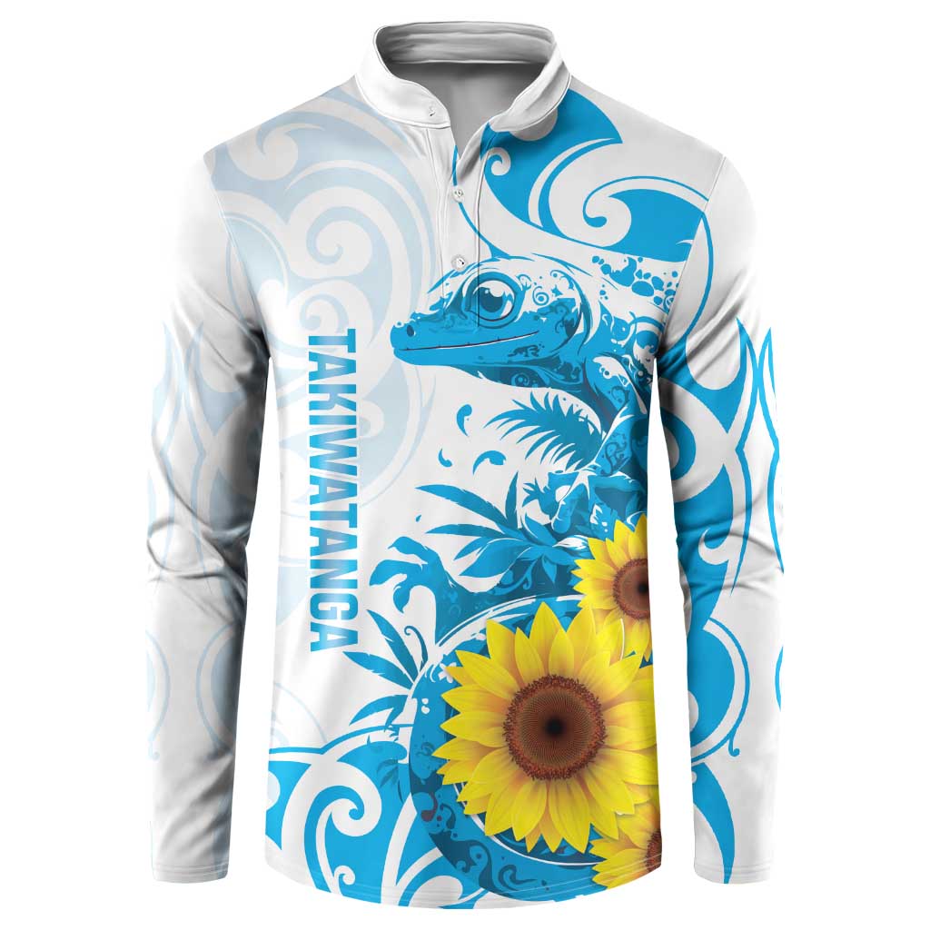 New Zealand Autism Awareness Month Button Sweatshirt Takiwatanga Maori Lizard With Sunflower LT14 Blue - Polynesian Pride