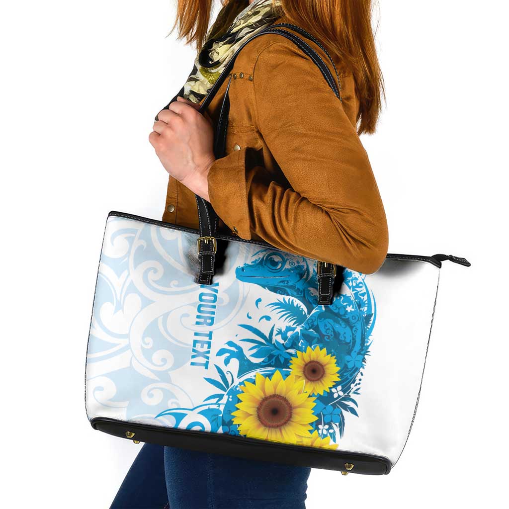 New Zealand Autism Awareness Month Leather Tote Bag Takiwatanga Maori Lizard With Sunflower