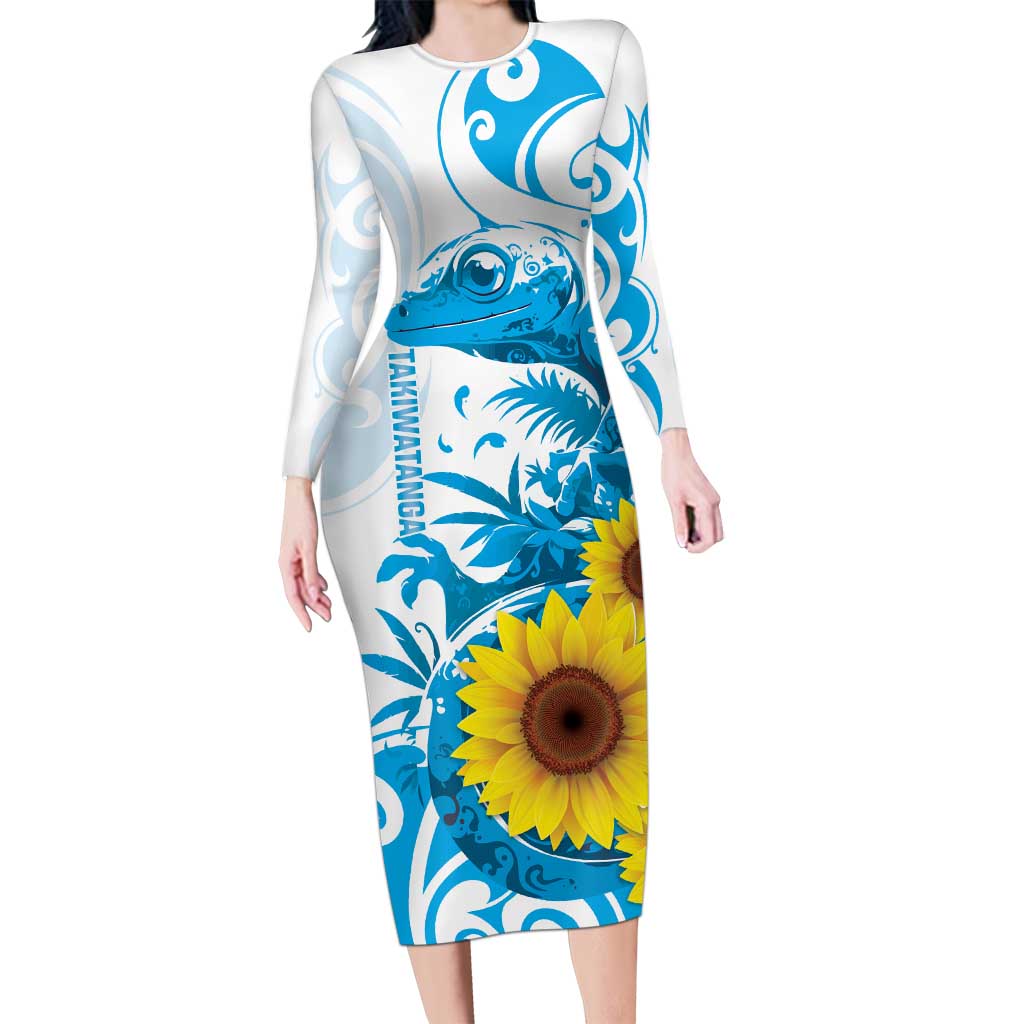 New Zealand Autism Awareness Month Long Sleeve Bodycon Dress Takiwatanga Maori Lizard With Sunflower