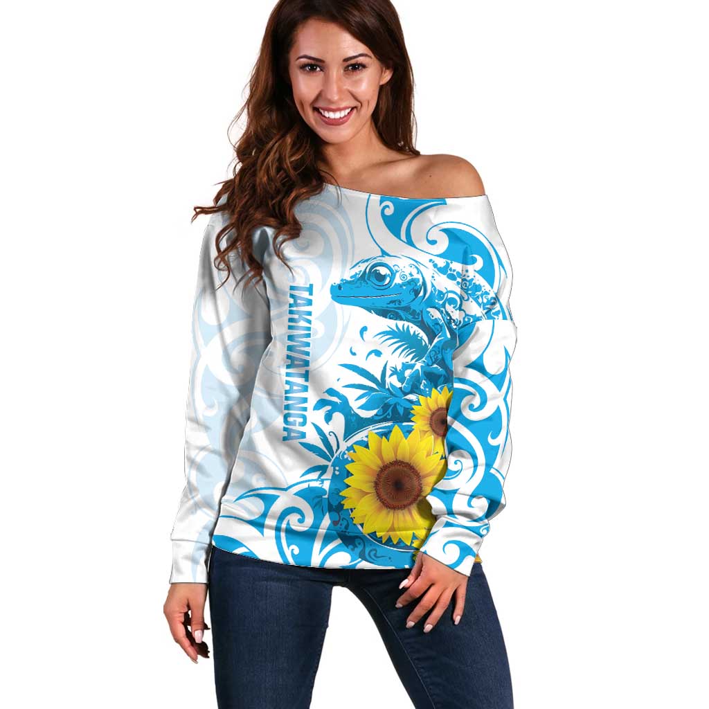 New Zealand Autism Awareness Month Off Shoulder Sweater Takiwatanga Maori Lizard With Sunflower LT14 Women Blue - Polynesian Pride