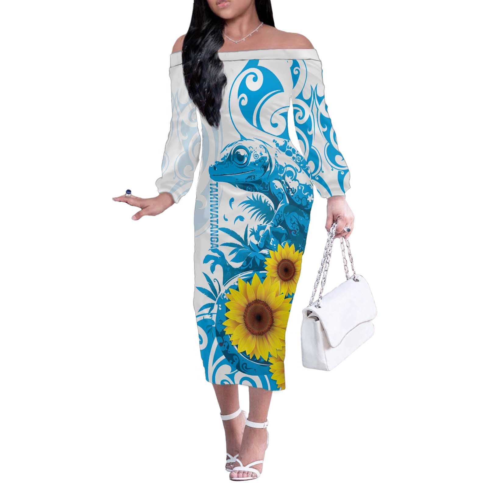 New Zealand Autism Awareness Month Off The Shoulder Long Sleeve Dress Takiwatanga Maori Lizard With Sunflower