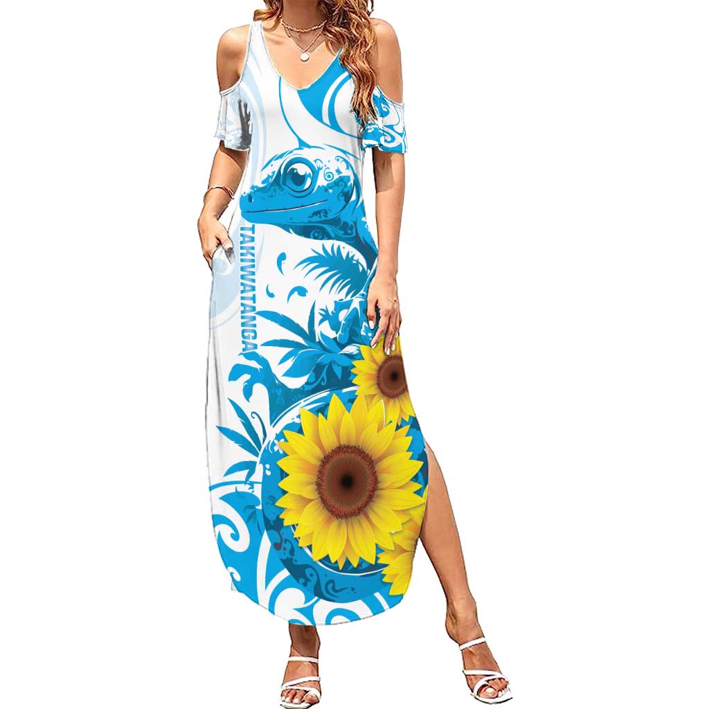 New Zealand Autism Awareness Month Summer Maxi Dress Takiwatanga Maori Lizard With Sunflower