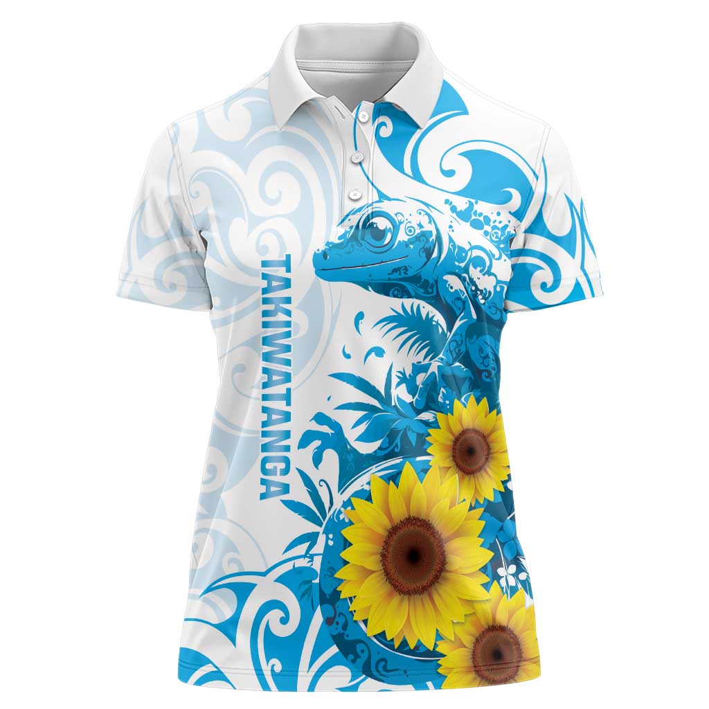 New Zealand Autism Awareness Month Women Polo Shirt Takiwatanga Maori Lizard With Sunflower