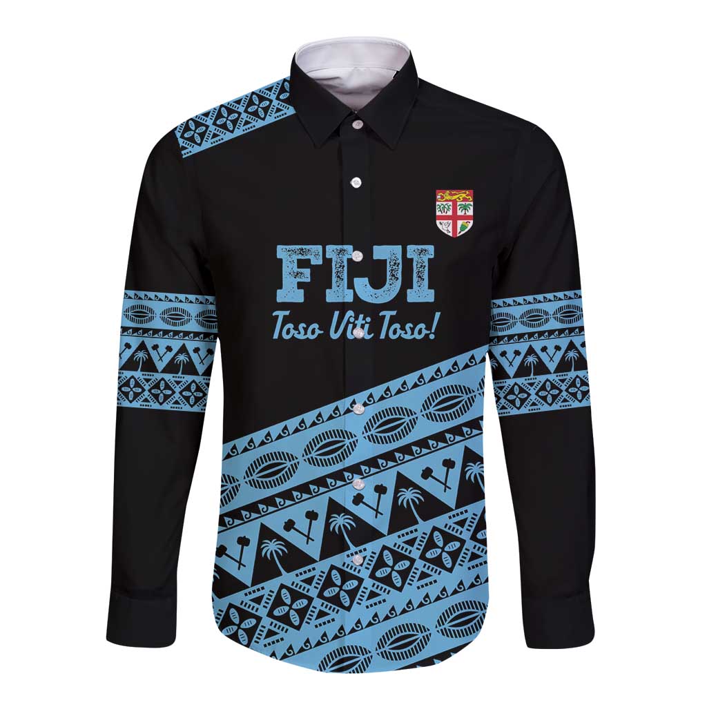 Fiji Rugby 2025 Custom Long Sleeve Button Shirt Fijian Tapa Toso Viti Toso - Black LT14 Unisex Black - Polynesian Pride