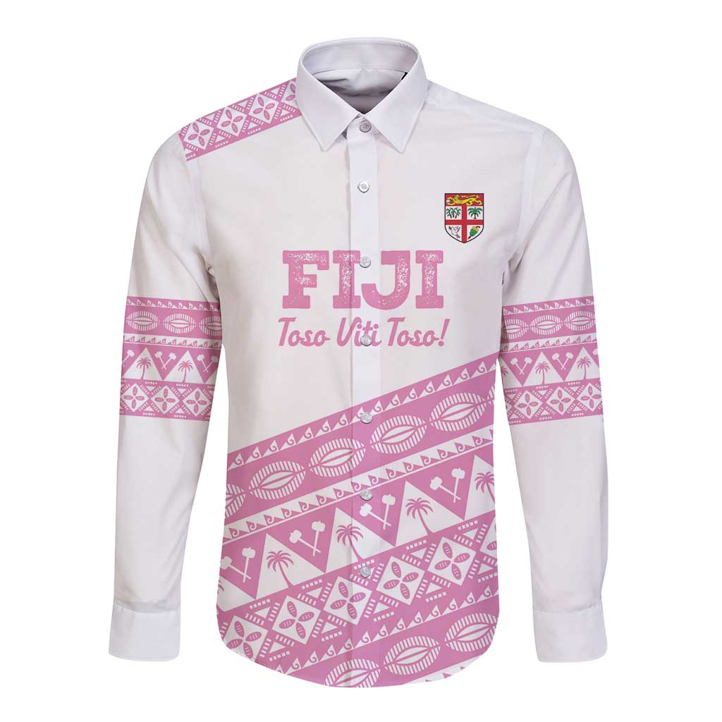 Fiji Rugby 2025 Custom Long Sleeve Button Shirt Fijian Tapa Toso Viti Toso - Pink LT14 Unisex Pink - Polynesian Pride