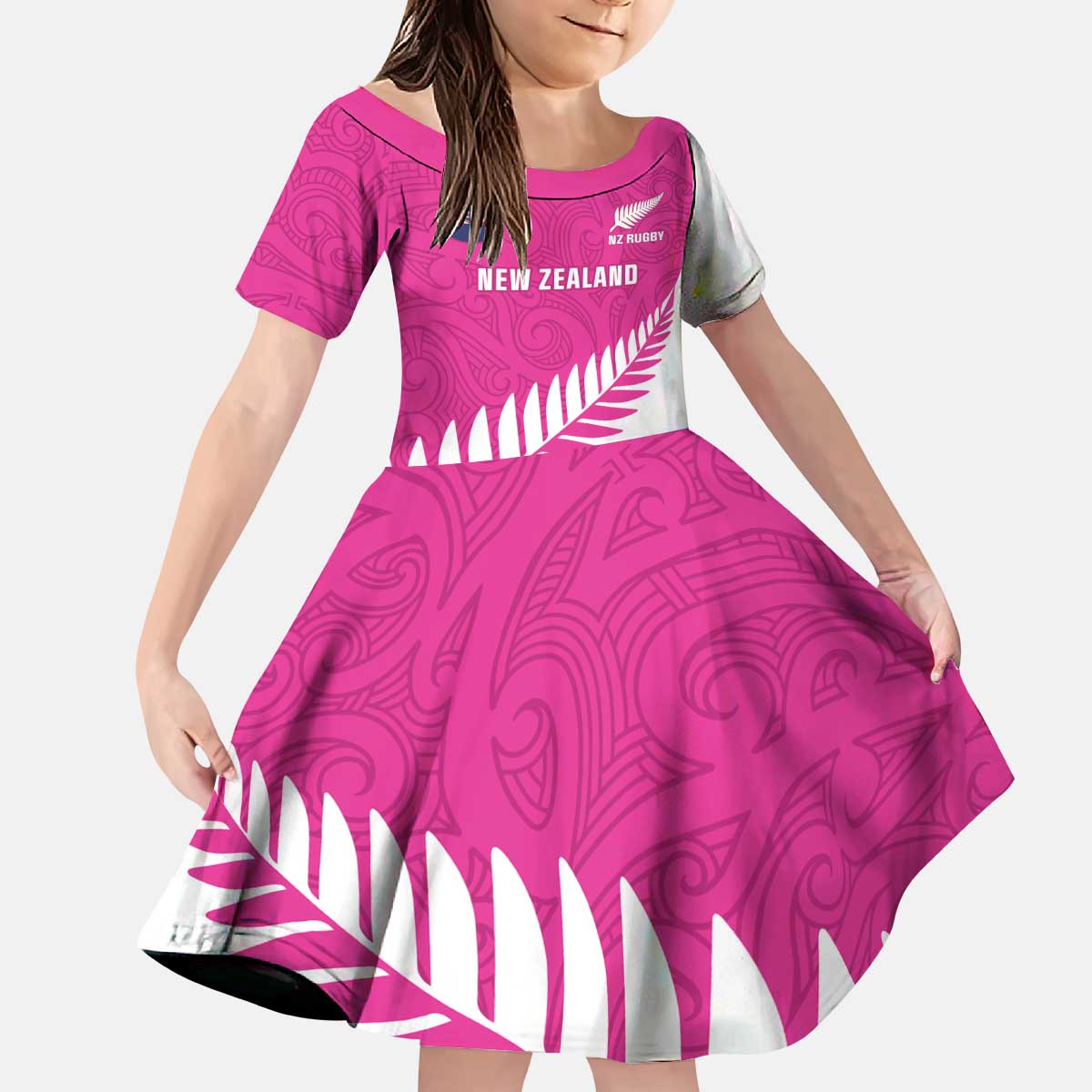New Zealand Silver Fern Rugby Custom Kid Short Sleeve Dress Go All Black Maori Pink Version LT14 KID Pink - Polynesian Pride