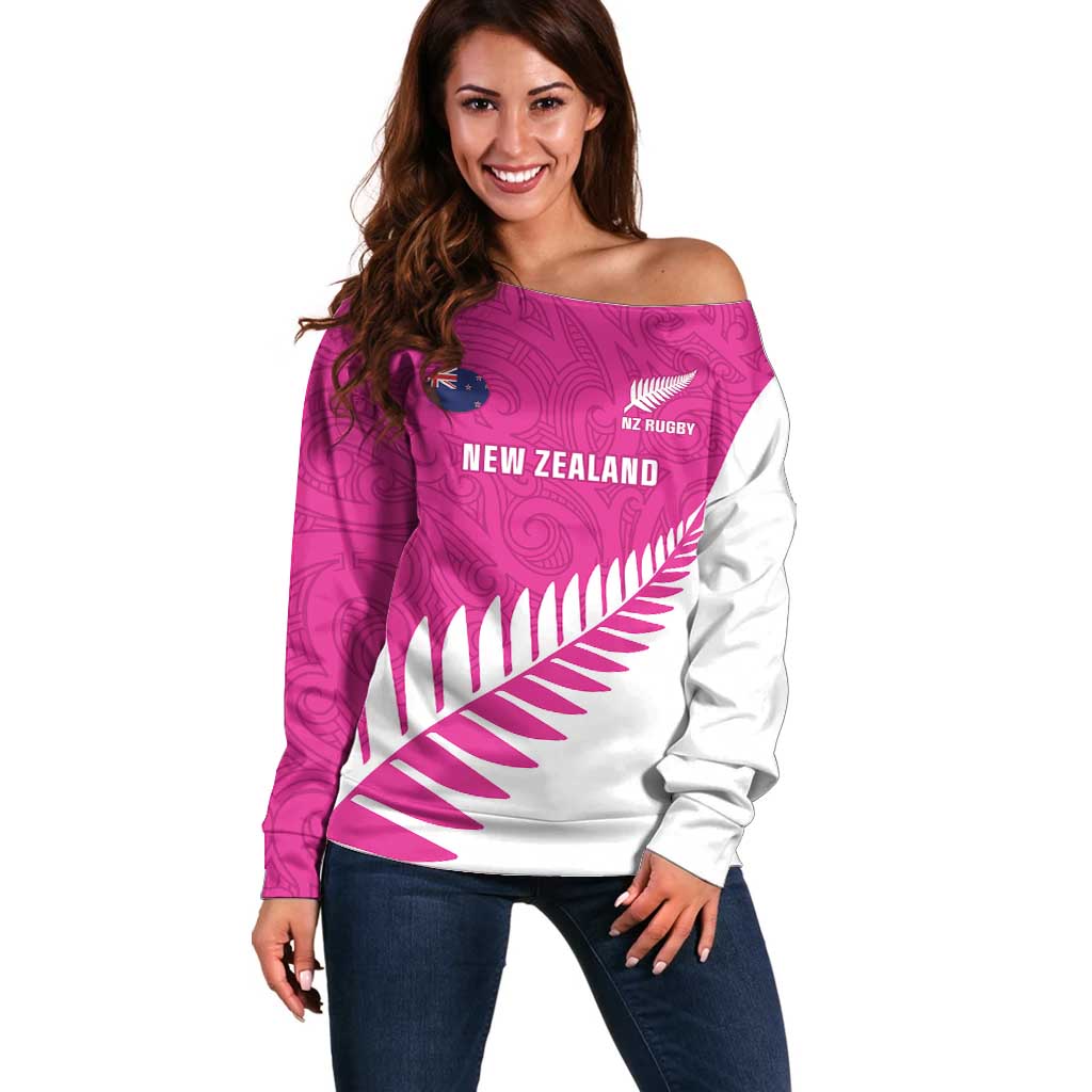 New Zealand Silver Fern Rugby Custom Off Shoulder Sweater Go All Black Maori Pink Version LT14 Women Pink - Polynesian Pride