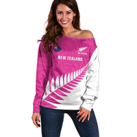 New Zealand Silver Fern Rugby Custom Off Shoulder Sweater Go All Black Maori Pink Version LT14 Women Pink - Polynesian Pride