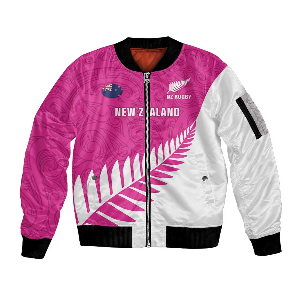 New Zealand Silver Fern Rugby Custom Sleeve Zip Bomber Jacket Go All Black Maori Pink Version LT14 Unisex Pink - Polynesian Pride