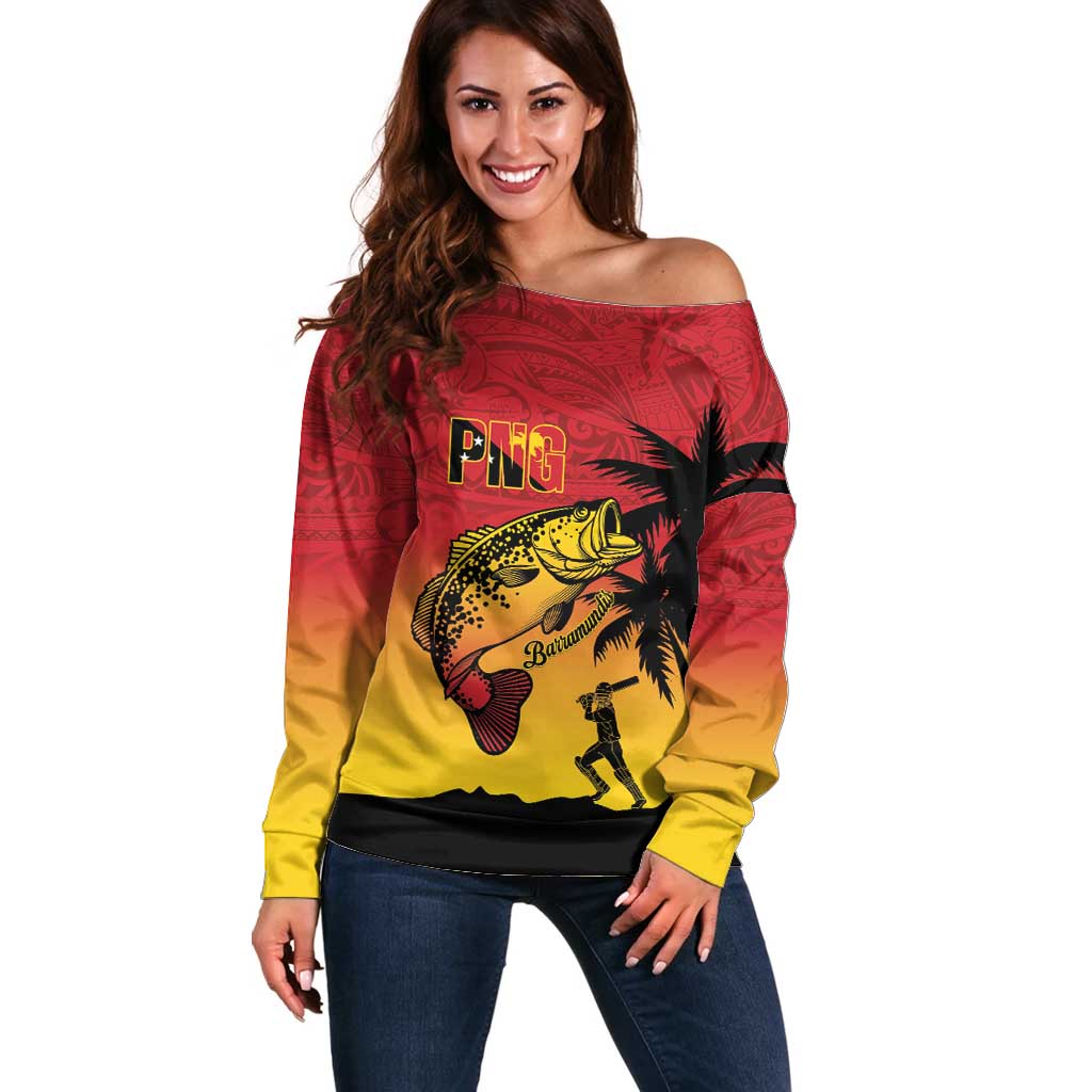Custom Papua New Guinea Cricket Off Shoulder Sweater PNG Barramundis LT14 Women Red - Polynesian Pride