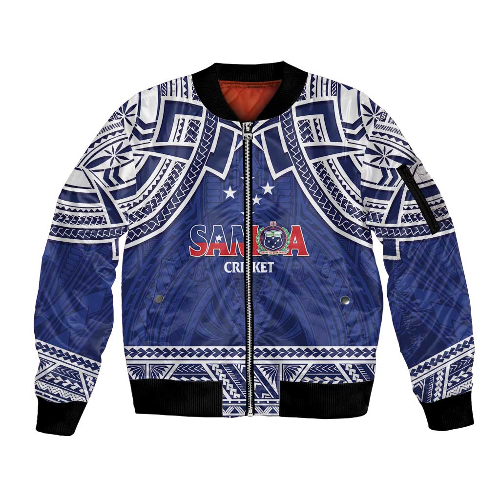 Custom Samoa Cricket Sleeve Zip Bomber Jacket Go Champions Samoan LT14 Unisex Blue - Polynesian Pride