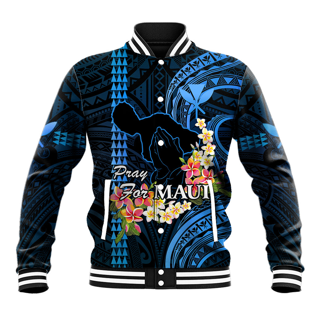 Personalised Hawaii Baseball Jacket Pray For Maui Hawaiian Plumeria Be Strong Blue Verison LT14 Unisex Blue - Polynesian Pride