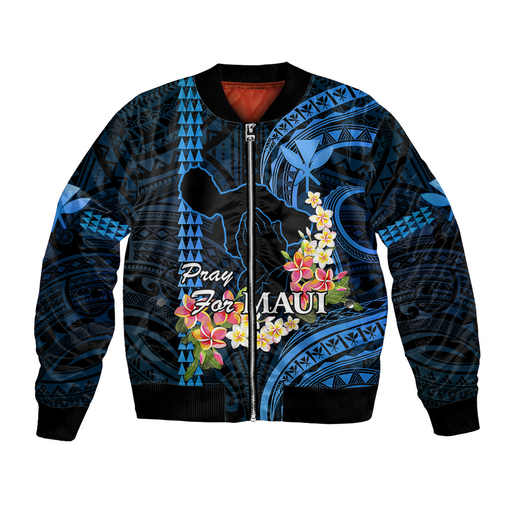 Personalised Hawaii Bomber Jacket Pray For Maui Hawaiian Plumeria Be Strong Blue Verison LT14 Unisex Blue - Polynesian Pride