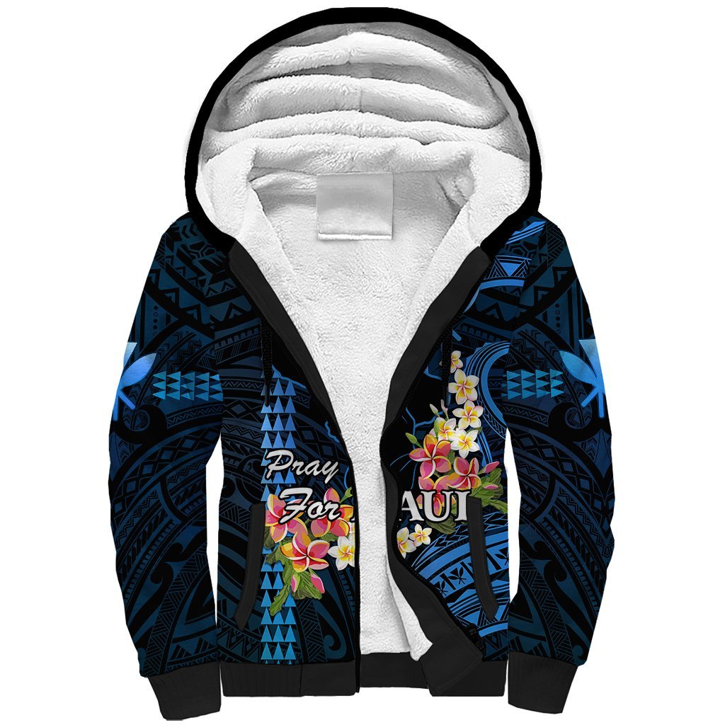 Personalised Hawaii Sherpa Hoodie Pray For Maui Hawaiian Plumeria Be Strong Blue Verison LT14 Unisex Blue - Polynesian Pride