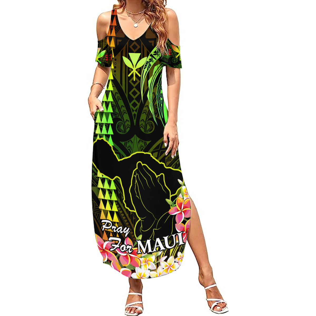 Personalised Hawaii Summer Maxi Dress Pray For Maui Hawaiian Plumeria Be Strong Reggae Verison LT14 Women Reggae - Polynesian Pride