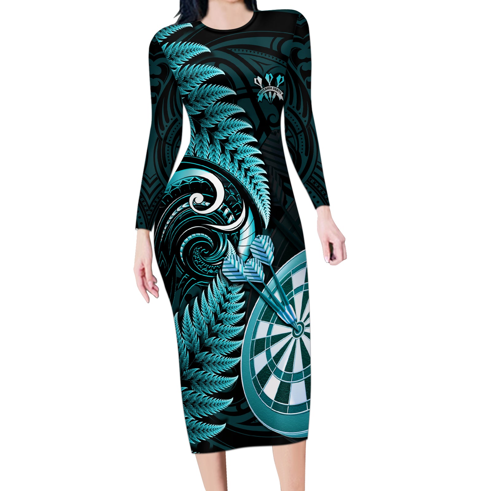 New Zealand Darts Long Sleeve Bodycon Dress Happiness Is A Tight Threesome Maori Turquoise LT14 Long Dress Turquoise - Polynesian Pride