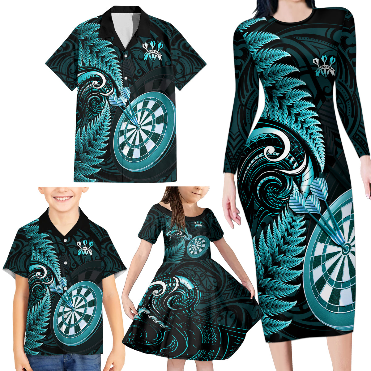 personalised-new-zealand-darts-family-matching-long-sleeve-bodycon-dress-and-hawaiian-shirt-happiness-is-a-tight-threesome-maori-turquoise