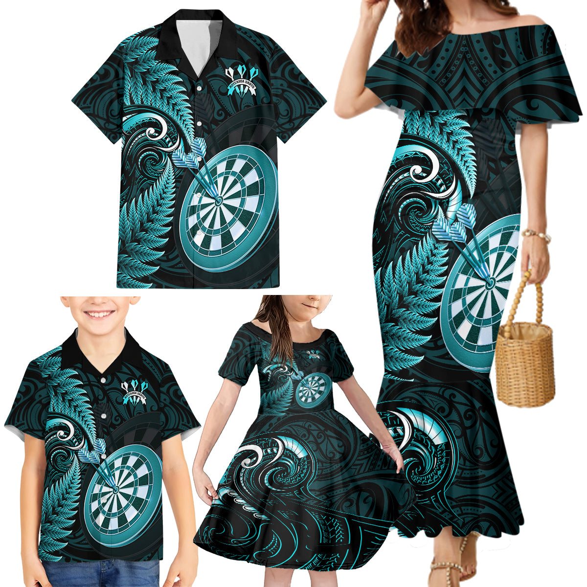 personalised-new-zealand-darts-family-matching-mermaid-dress-and-hawaiian-shirt-happiness-is-a-tight-threesome-maori-turquoise