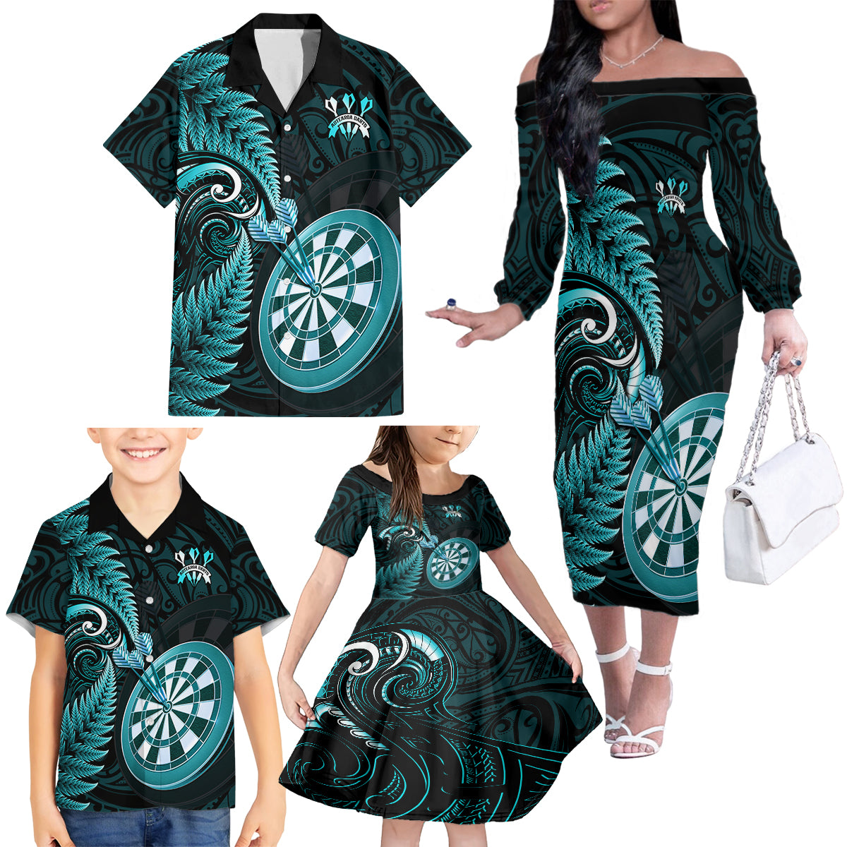 personalised-new-zealand-darts-family-matching-off-shoulder-long-sleeve-dress-and-hawaiian-shirt-happiness-is-a-tight-threesome-maori-turquoise