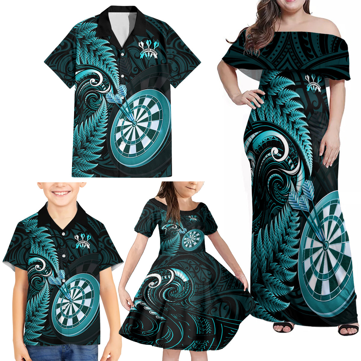 personalised-new-zealand-darts-family-matching-off-shoulder-maxi-dress-and-hawaiian-shirt-happiness-is-a-tight-threesome-maori-turquoise