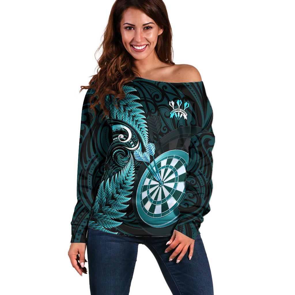 Personalised New Zealand Darts Off Shoulder Sweater Happiness Is A Tight Threesome Maori Turquoise LT14 Women Turquoise - Polynesian Pride
