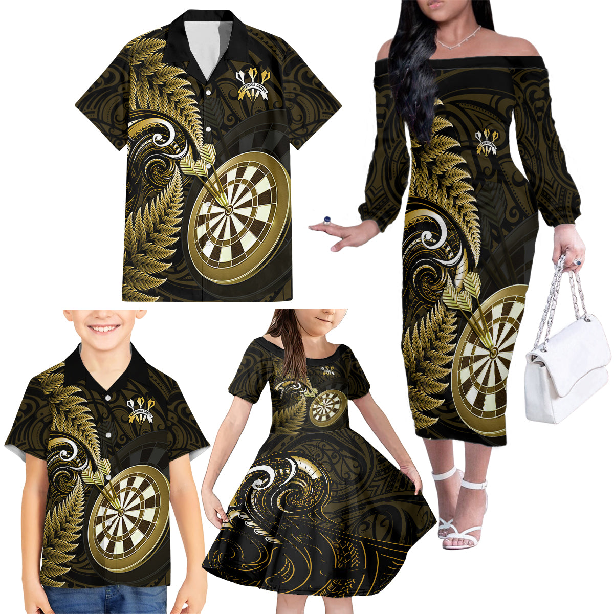 new-zealand-darts-family-matching-off-shoulder-long-sleeve-dress-and-hawaiian-shirt-happiness-is-a-tight-threesome-maori-gold